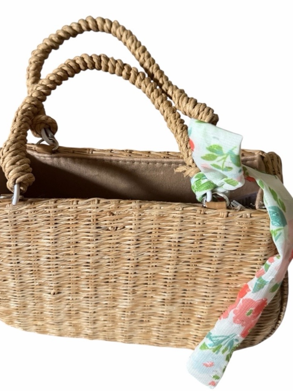 Woven Straw Tote Bag with Floral Scarf